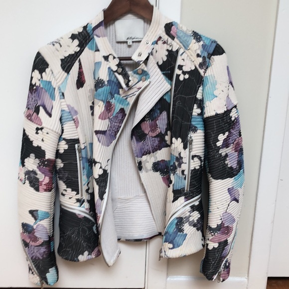 3.1 Phillip Lim Floral print corded moto jacket in white, beige, blue, purple. - Picture 2 of 7